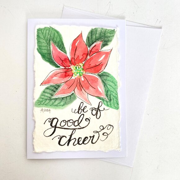 Good Cheer Poinsettia Christmas Blank Greeting Card Original Handmade Watercolor - Picture 4 of 4